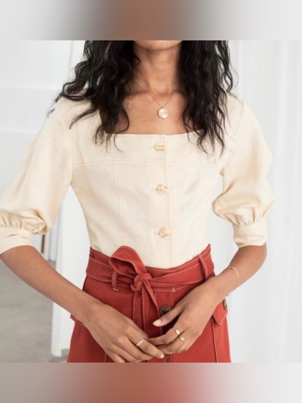& Other Stories Cream Square-Neck Button Front Linen Blend Top - Picture 2 of 5